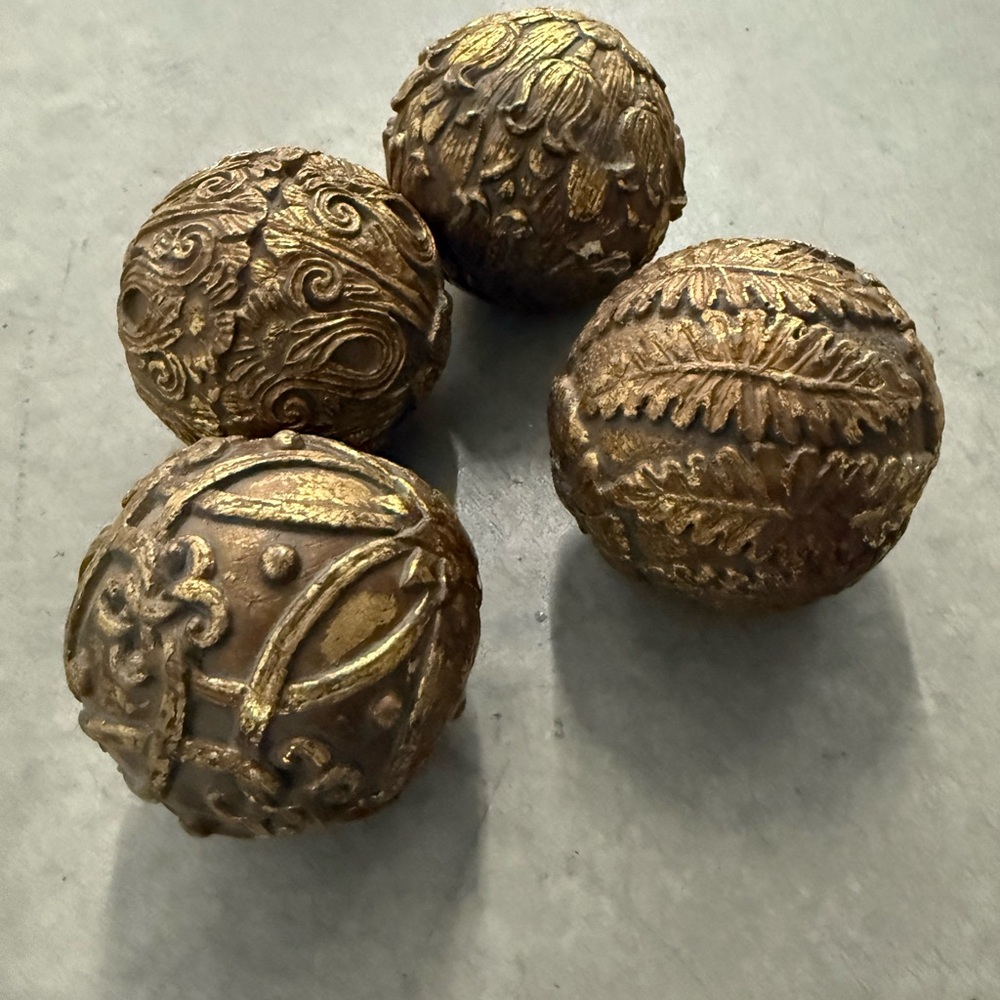 Set of 4 Antique Gold Colored 4” Resin Balls